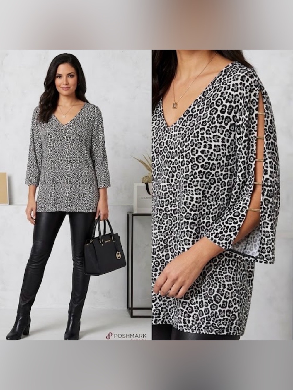 MICHAEL Michael Kors Black & White Leopard V-Neck Tunic Top Size Medium